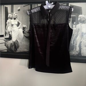 Suzy Shier Black Fitted Graphic Blouse with Mandarin Collar